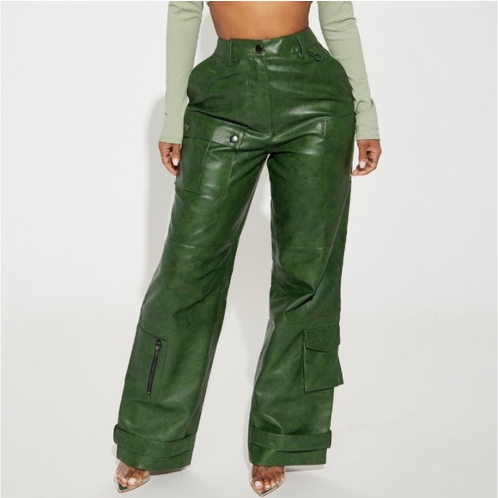 Fashion Nova Olive Green Faux Leather Wide-Leg Cargo Pants